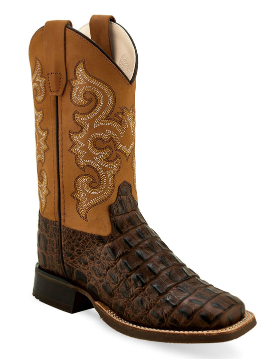 Old West Brown Faux Horn Back Gator Print foot Tan Canyon shaft Children's Faux Horn Back Gator Print Boots - Old West