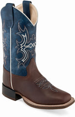 Old West Brown Foot Wipe Out Blue Shaft Children's Broad Square Toe Boots - Old West