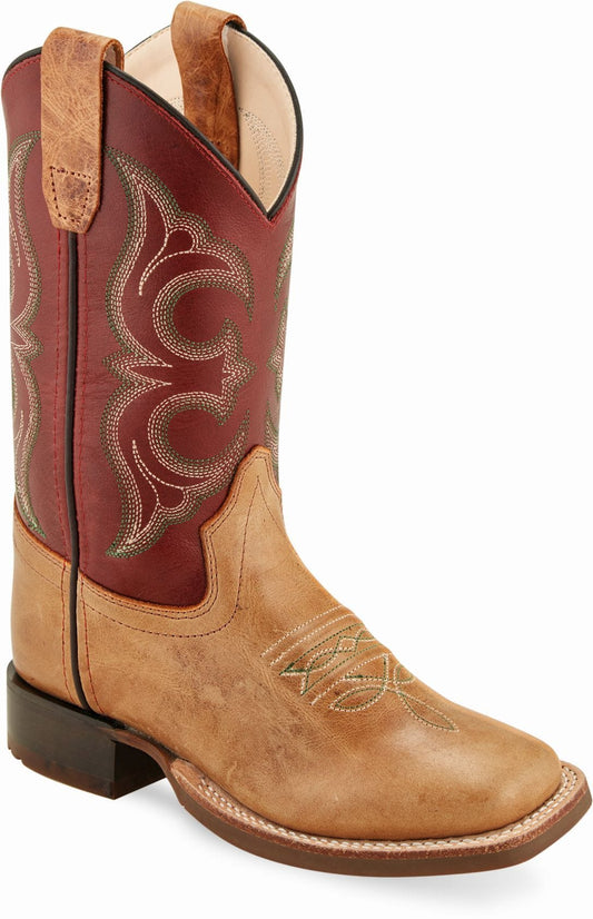 Old West Cactus Tan Foot Red Shaft Children's Broad Square Toe Boots - Old West
