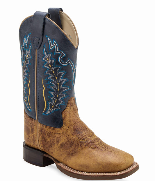 Old West Burnt Brown Foot Cactus Navy Shaft Children's Broad Square Toe Boots - Old West