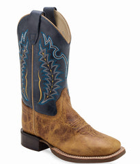 Old West Burnt Brown Foot Cactus Navy Shaft Children's Broad Square Toe Boots - Old West