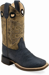 Old West Black Bull Hide Print Foot Cactus Brown Shaft Children's Broad Square Toe Boots - Old West