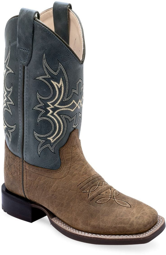 Old West Brown Bull Hide Print Foot Pillow Blue Shaft CHILDREN'S BROAD SQUARE TOE BOOTS - Old West