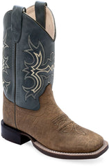 Old West Brown Bull Hide Print Foot Pillow Blue Shaft CHILDREN'S BROAD SQUARE TOE BOOTS - Old West