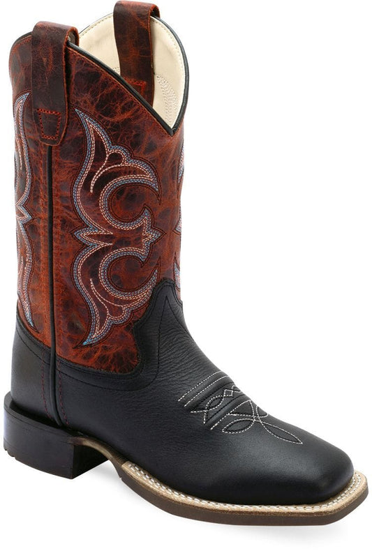 Old West Black Foot Burnt Red Shaft CHILDREN'S BROAD SQUARE TOE BOOTS - Old West