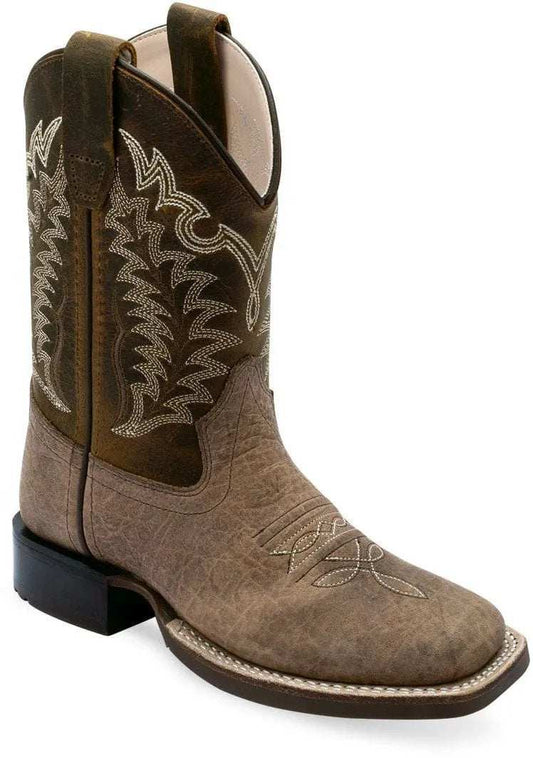 Old West Brown Bull Hide Print Foot Rugby Mustard Shaft CHILDREN'S BROAD SQUARE TOE BOOTS - Old West - Flyclothing LLC