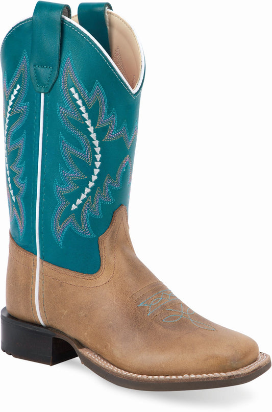 Old West Light Brown Foot Antique Polish Turquoise Shaft Children's Broad Square Toe Boots - Old West