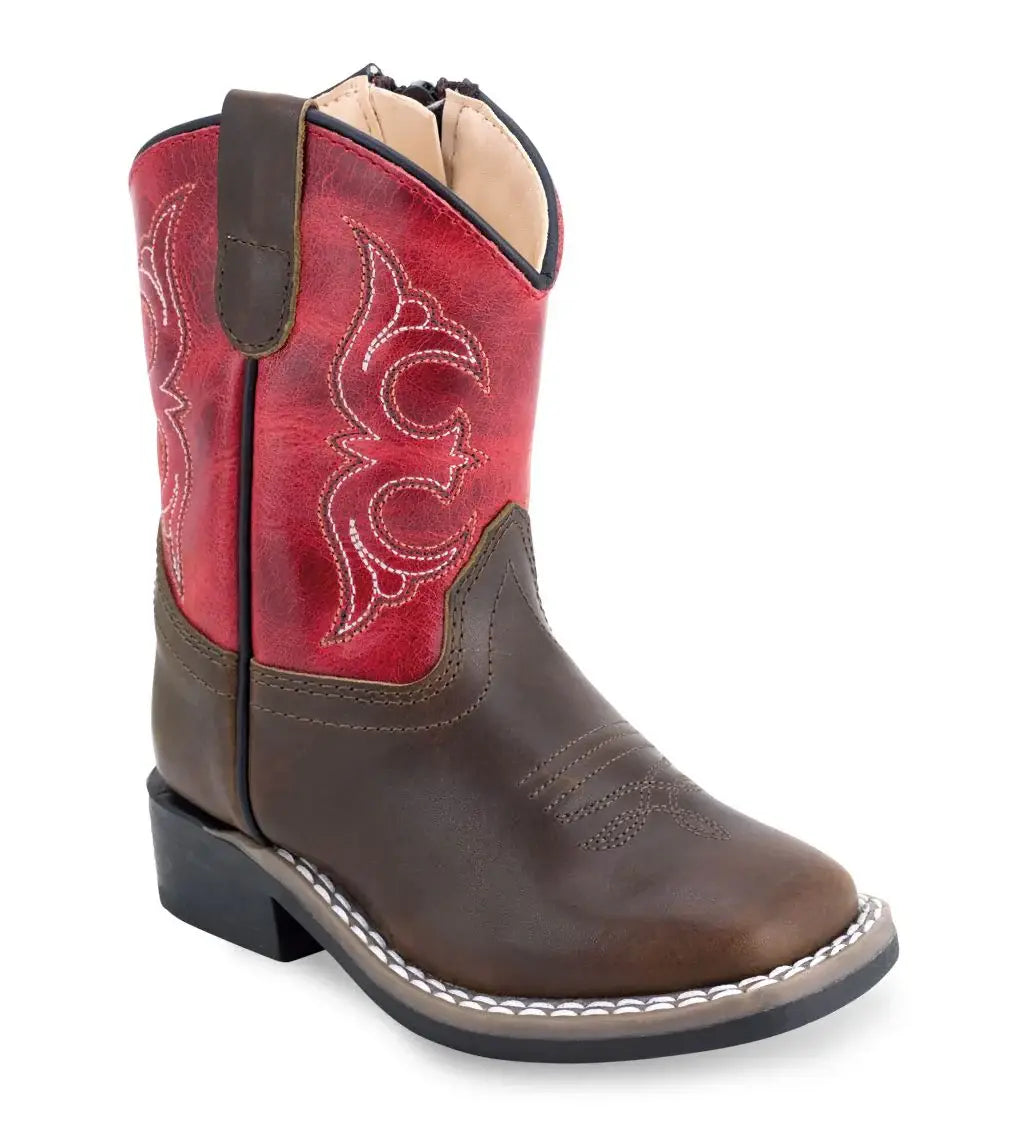 Old West Brown Foot Reddish Orange Shaft Toddler's Broad Square Toe Boots - Old West - Flyclothing LLC