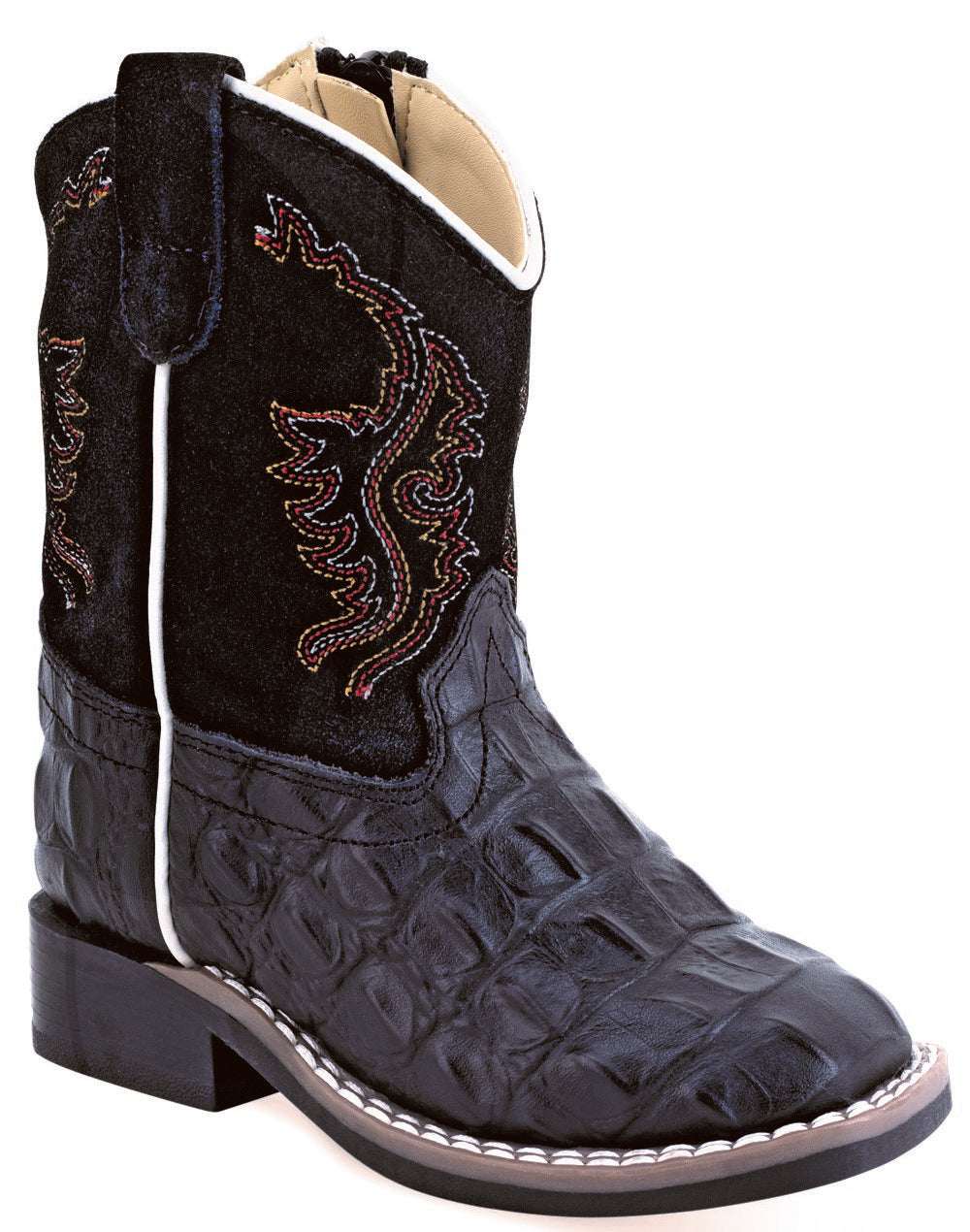 Old West Toddler's Broad Square Toe Boots Black Faux Horn Back Gator Print Foot / Black Suede Shaft BSI2010 - Old West - Flyclothing LLC