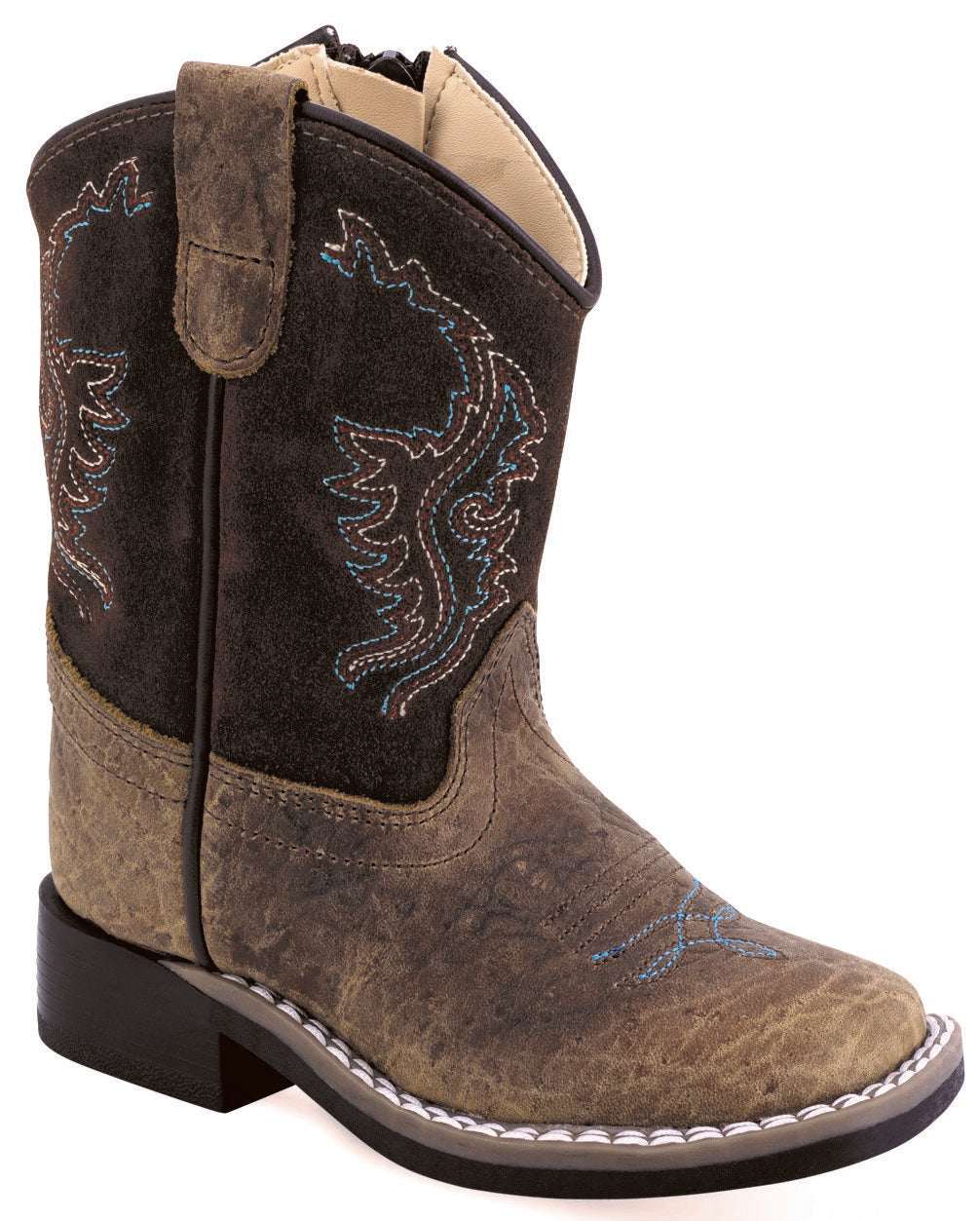 Old West Toddler's Broad Square Toe Boots Brown Bull Hide Print Foot / Brown Suede Shaft BSI2011 - Old West - Flyclothing LLC