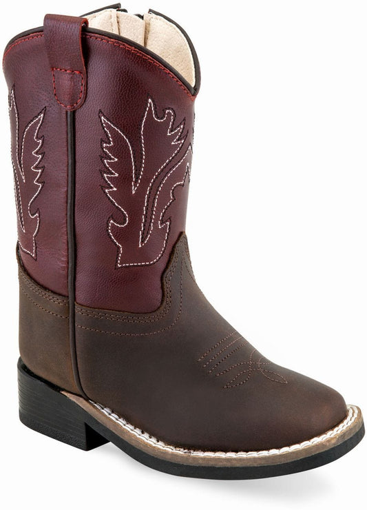Old West Brown Foot Red Shaft Toddler's Broad Square Toe Boots - Old West