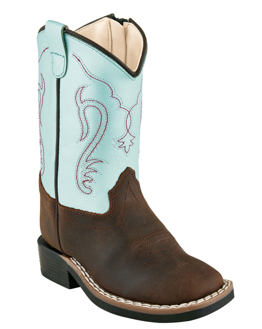 Old West Brown foot Silver Light Blue shaft Toddler's Broad Square Toe Boots - Old West