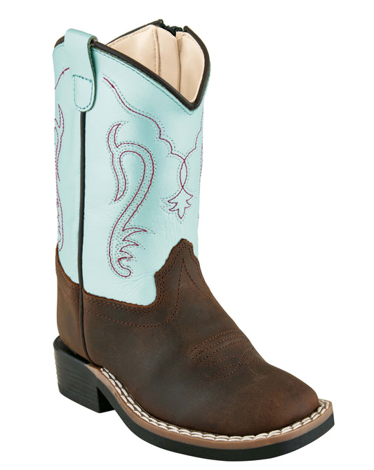 Old West Brown foot Silver Light Blue shaft Toddler's Broad Square Toe Boots