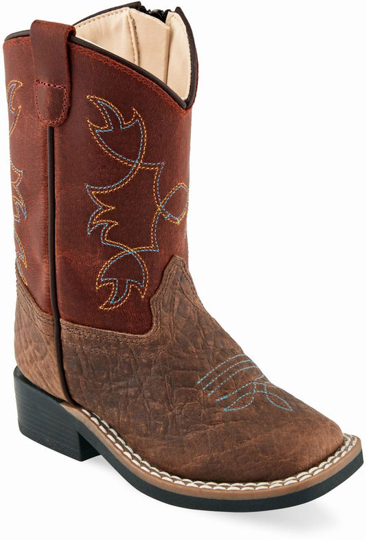 Old West Brown Bull Hide Print Foot Burnt Red Waxy Shaft Toddler's Broad Square Toe Boots - Old West