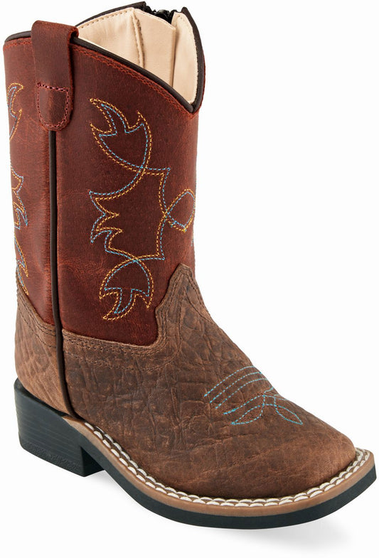 Old West Brown Bull Hide Print Foot Burnt Red Waxy Shaft Toddler's Broad Square Toe Boots
