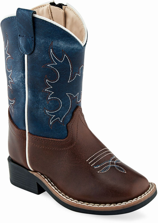 Old West Brown Foot Wipe Out Blue Shaft Toddler's Broad Square Toe Boots