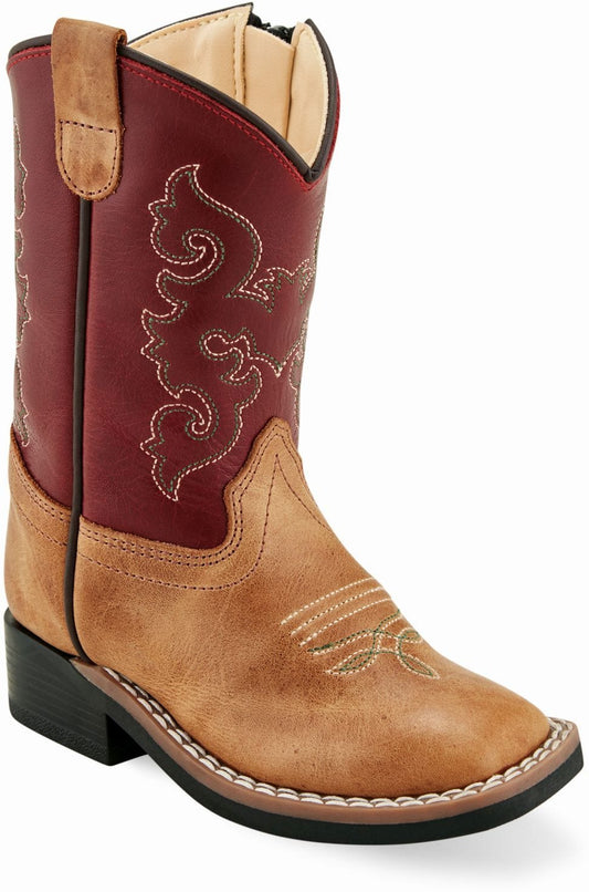 Old West Cactus Tan Foot Red Shaft Toddler's Broad Square Toe Boots - Old West