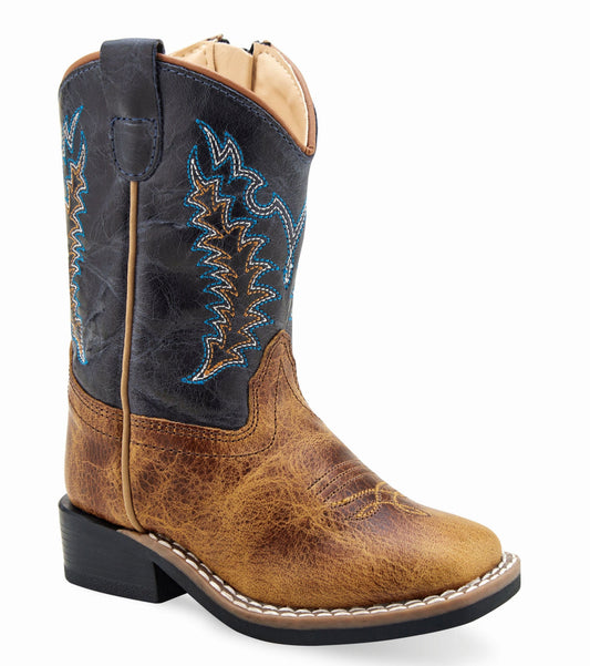 Old West Burnt Brown Foot Cactus Navy Shaft Toddler's Broad Square Toe Boots - Old West