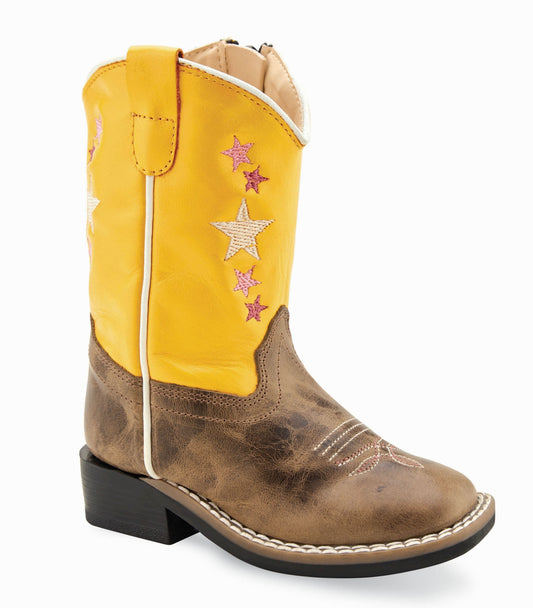 Old West Cactus Brown Foot Yellow Shaft Toddler's Broad Square Toe Boots - Old West