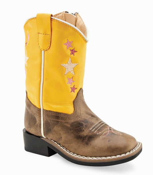 Old West Cactus Brown Foot Yellow Shaft Toddler's Broad Square Toe Boots