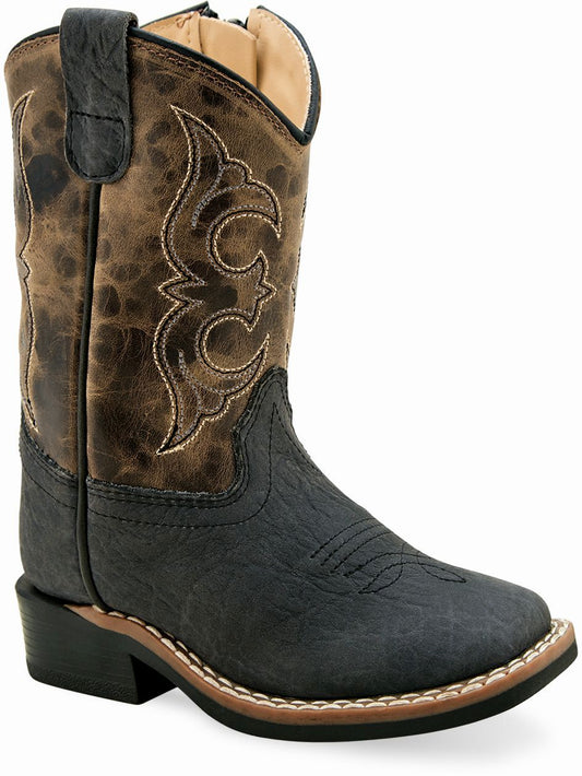 Old West Black Bull Hide Print Foot Cactus Brown Shaft Toddler's Broad Square Toe Boots