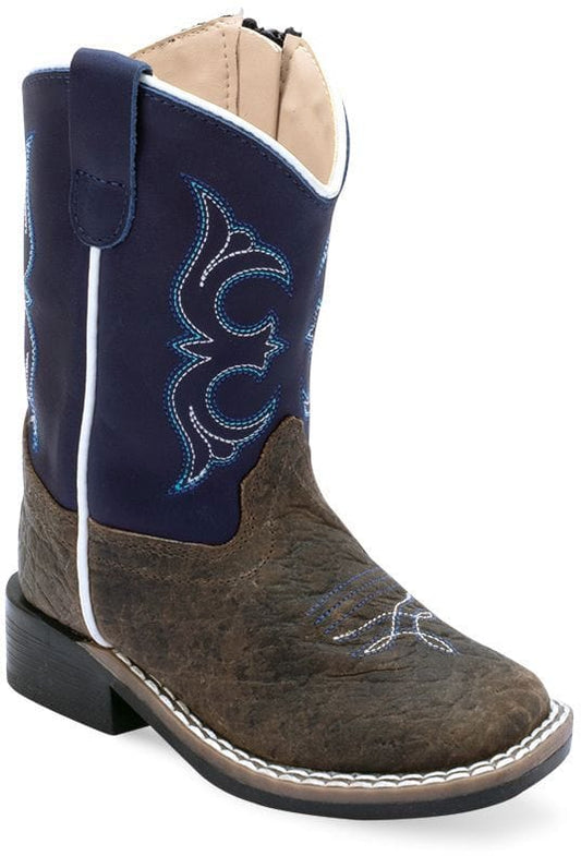 Old West Dark Brown Bull Hide Print Foot Mid Night Blue Shaft TODDLER'S BROAD SQUARE TOE BOOTS - Old West