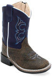 Old West Dark Brown Bull Hide Print Foot Mid Night Blue Shaft TODDLER'S BROAD SQUARE TOE BOOTS - Old West