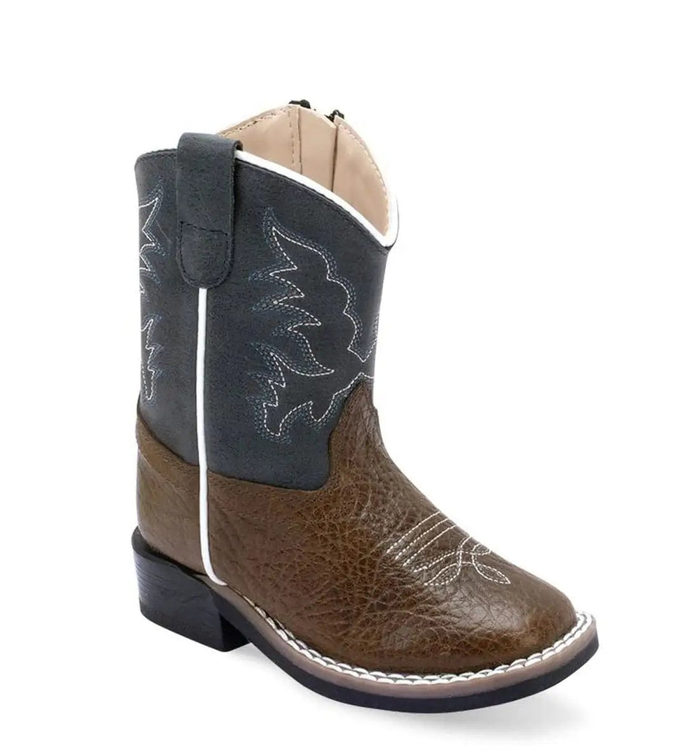 Old West Boys Brown Shrunken Print Foot / Pillow Blue Shaft Boot BSI1974 - Old West