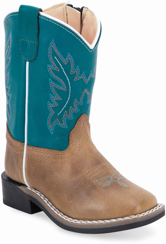 Old West Light Brown Foot Antique Polish Turquoise Shaft Toddler's Broad Square Toe Boots - Old West