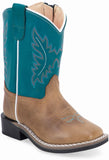 Old West Light Brown Foot Antique Polish Turquoise Shaft Toddler's Broad Square Toe Boots - Old West