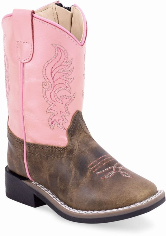 Old West Olive Blister Foot Metallic Pink Shaft with Olive Blister Collar Toddler's Broad Square Toe Boots - Old West