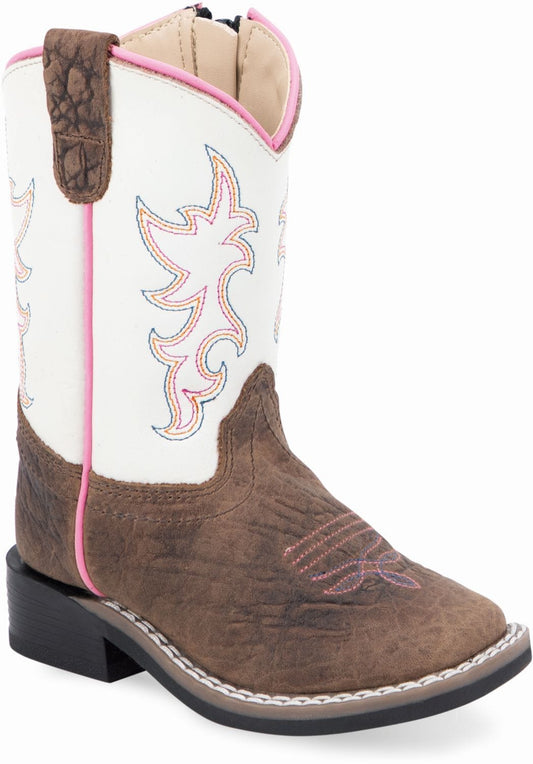 Old West Brown Bull Hide Print Foot White Shaft Toddler's Broad Square Toe Boots - Old West