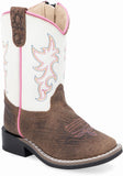 Old West Brown Bull Hide Print Foot White Shaft Toddler's Broad Square Toe Boots - Old West