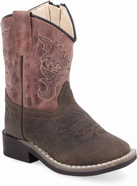 Old West Dark Brown Bull Hide Print Foot Light Pink Cactus Shaft Toddler's Broad Square Toe Boots - Old West