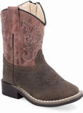 Old West Dark Brown Bull Hide Print Foot Light Pink Cactus Shaft Toddler's Broad Square Toe Boots - Old West