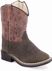 Old West Dark Brown Bull Hide Print Foot Light Pink Cactus Shaft Toddler's Broad Square Toe Boots - Old West