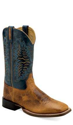 Old West Mens Broad Square Toe Burnt Brown/Navy Leather Cowboy Boots - Old West - Flyclothing LLC