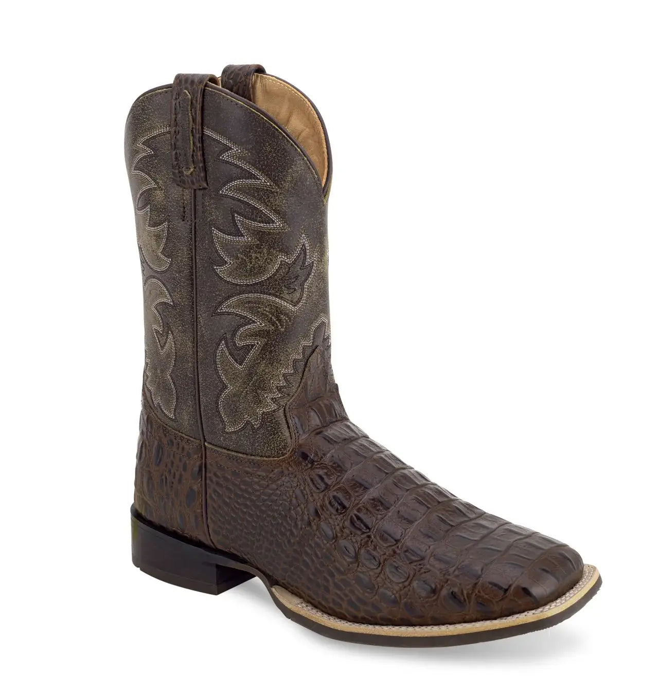 Old West Dark Brown Faux Horn Back Gator Print Foot Crunchy Brown Shaft Men's Broad Square Toe Boots - Old West - Flyclothing LLC