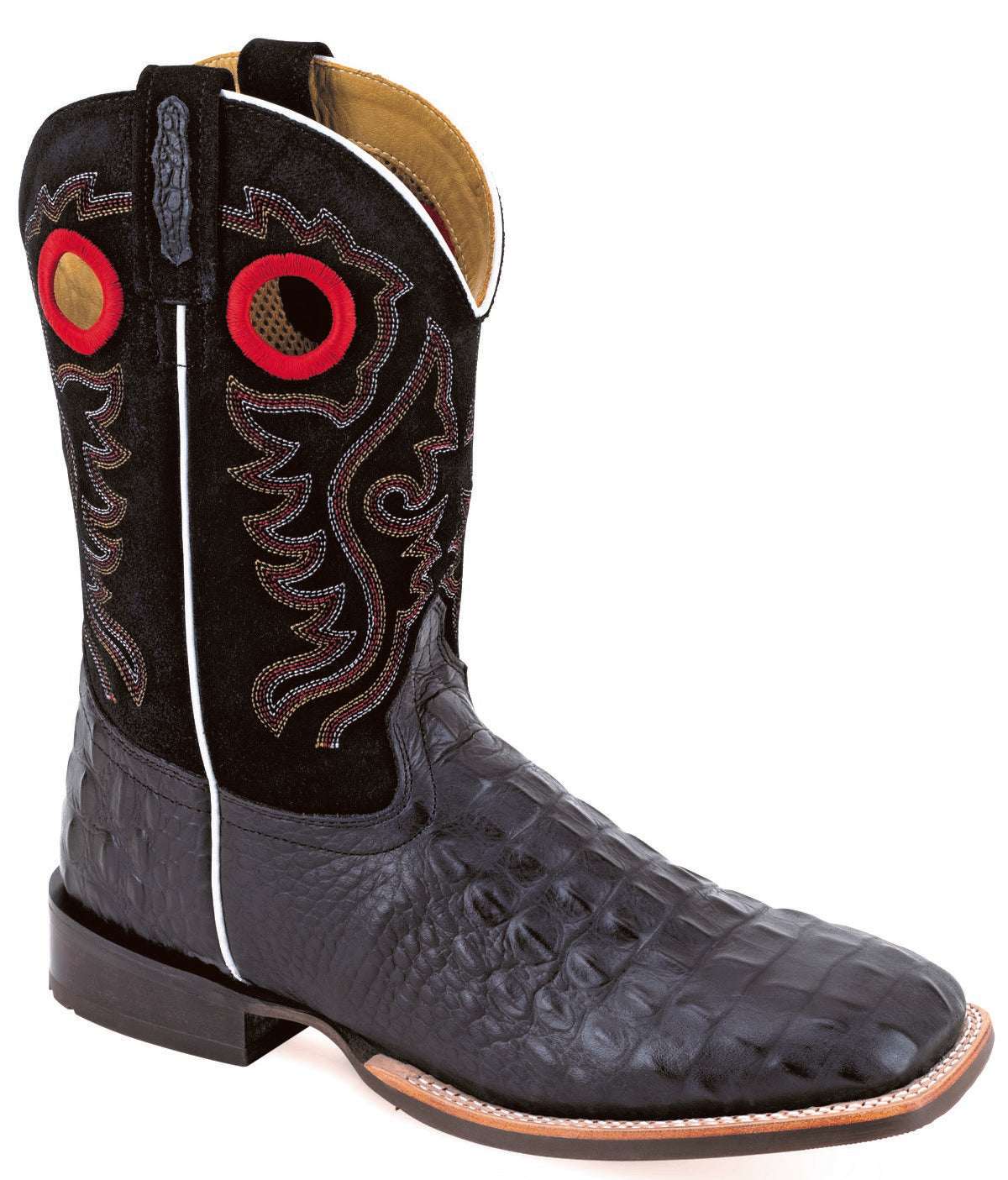 Old West Men's Broad Square Toe Boots Black Faux Horn Back Gator Print Foot / Black Suede Shaft BSM1922 - Old West - Flyclothing LLC