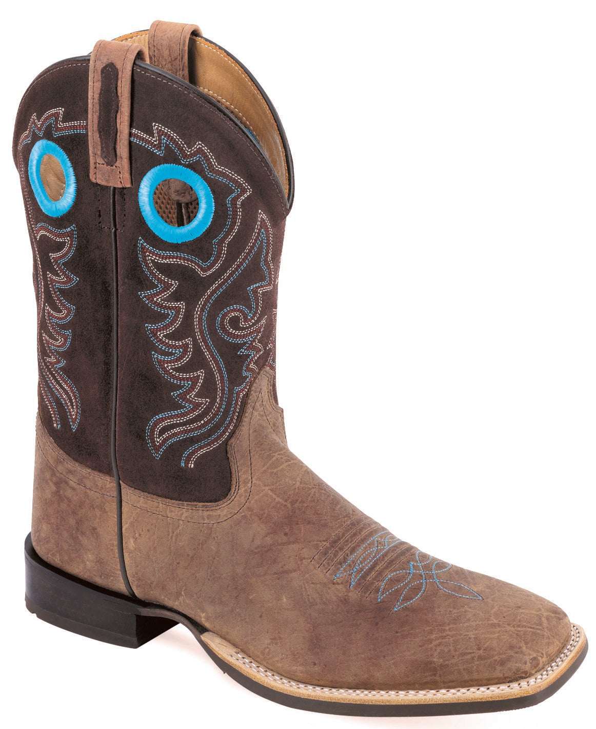 Old West Men's Broad Square Toe Boots Brown Bull Hide Print Foot / Brown Suede Shaft BSM1923 - Old West - Flyclothing LLC