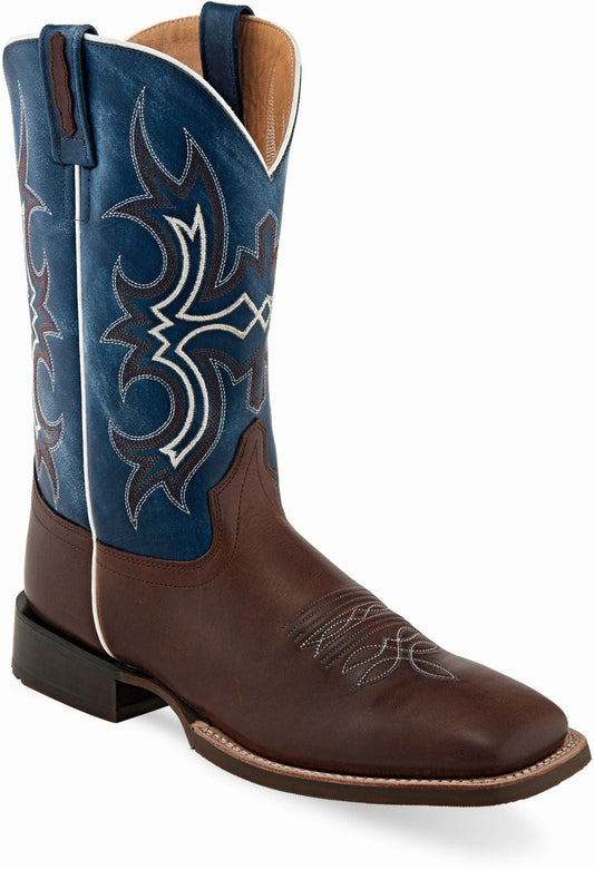 Old West Dark Brown Foot Wipe Out Blue Shaft Men's Broad Square Toe Boots - Old West