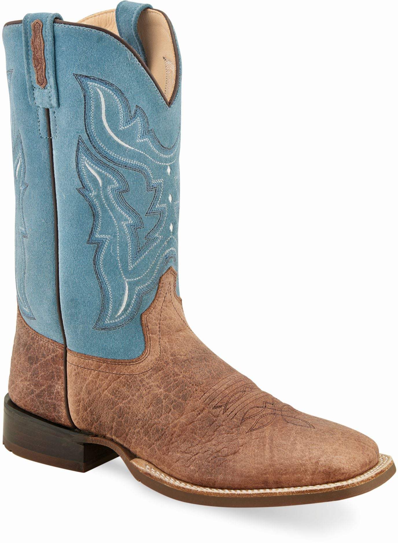 Old West Brown Bull Hide Print Foot Sky Blue Suede Shaft Men's Broad Square Toe Boots - Old West - Flyclothing LLC