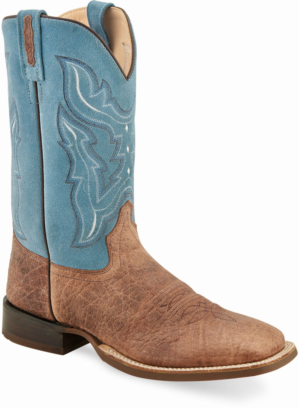 Old West Brown Bull Hide Print Foot Sky Blue Suede Shaft Men's Broad Square Toe Boots