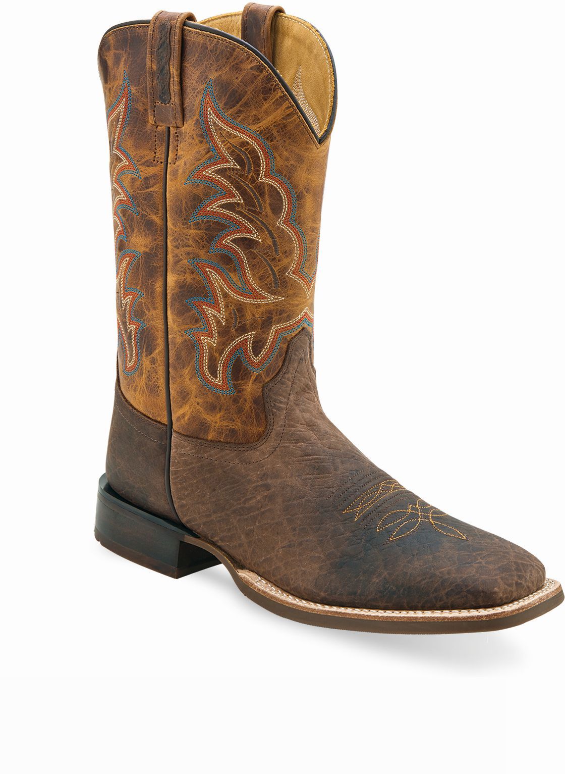 Old West Dark Brown Bull Hide Print Foot Burnt Brown Shaft Men's Broad Square Toe Boots