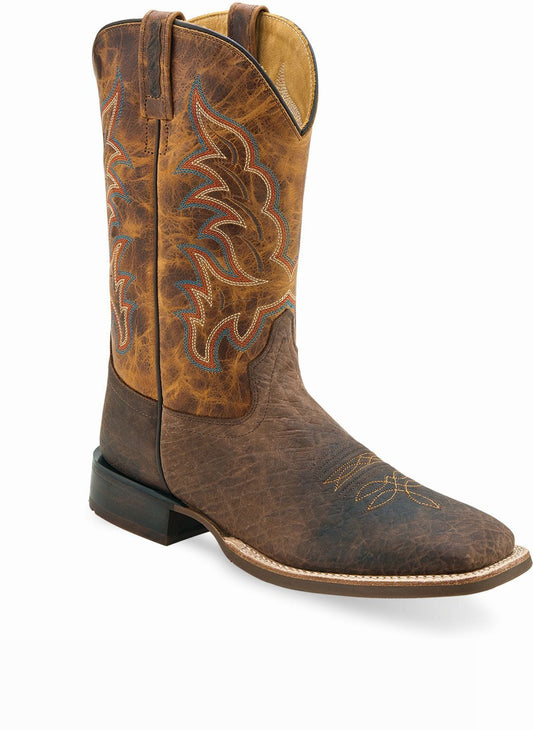 Old West Dark Brown Bull Hide Print Foot Burnt Brown Shaft Men's Broad Square Toe Boots - Old West
