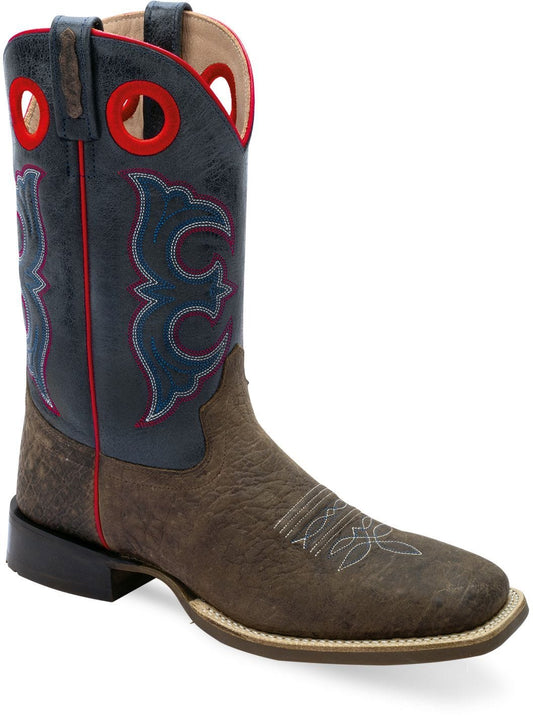 Old West Dark Brown Bull Hide Print Foot Cactus Navy Shaft MEN'S BROAD SQUARE TOE BOOTS - Old West