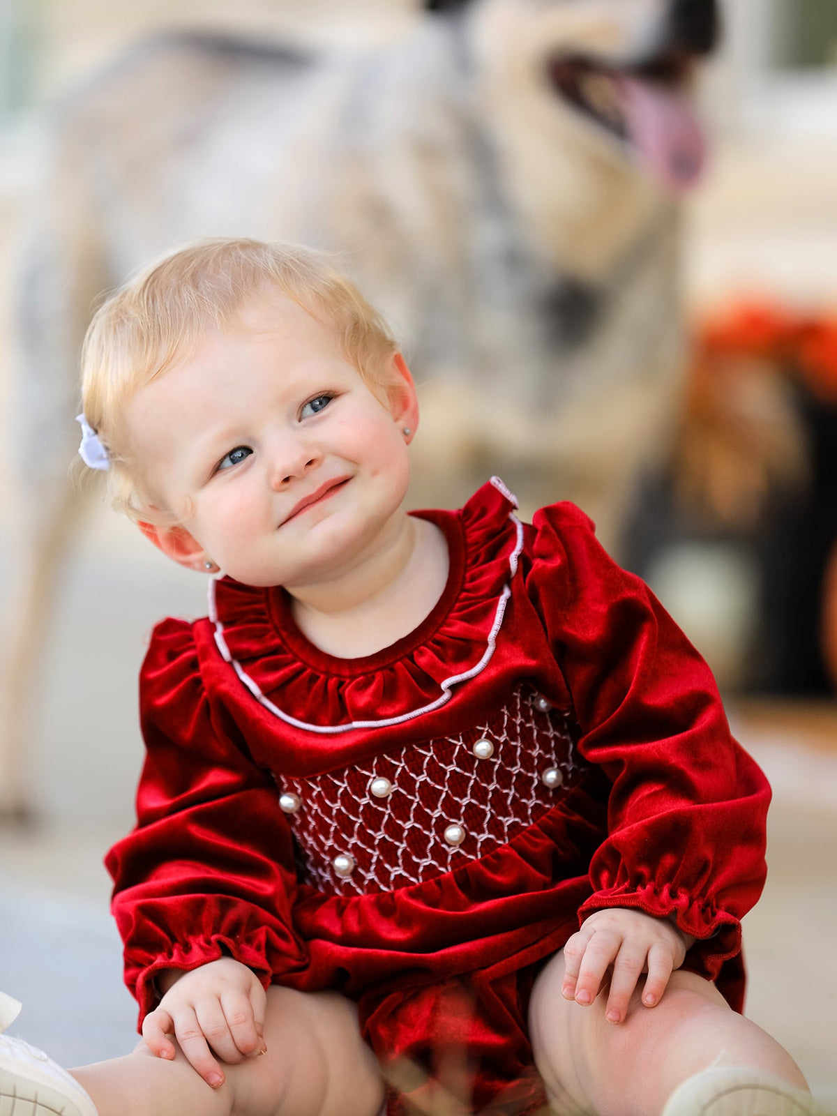 Christmas Velvet Smocked Baby Bubble Romper with Pearl Detail - Rylee Faith Designs - Flyclothing LLC