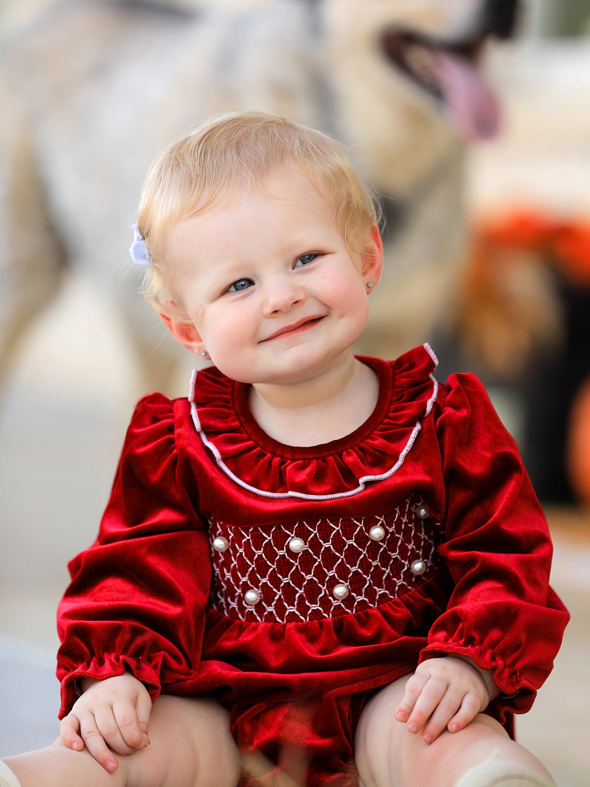 Christmas Velvet Smocked Baby Bubble Romper with Pearl Detail - Rylee Faith Designs - Flyclothing LLC