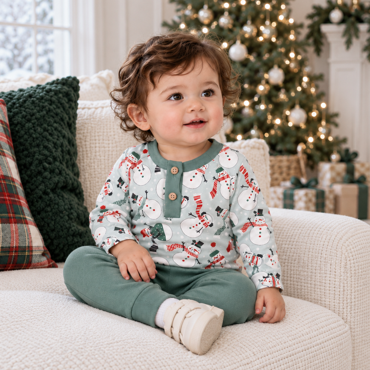 Christmas Snowmen Baby Boy's Bamboo Henley Top & Pants - Tesa Babe - Flyclothing LLC