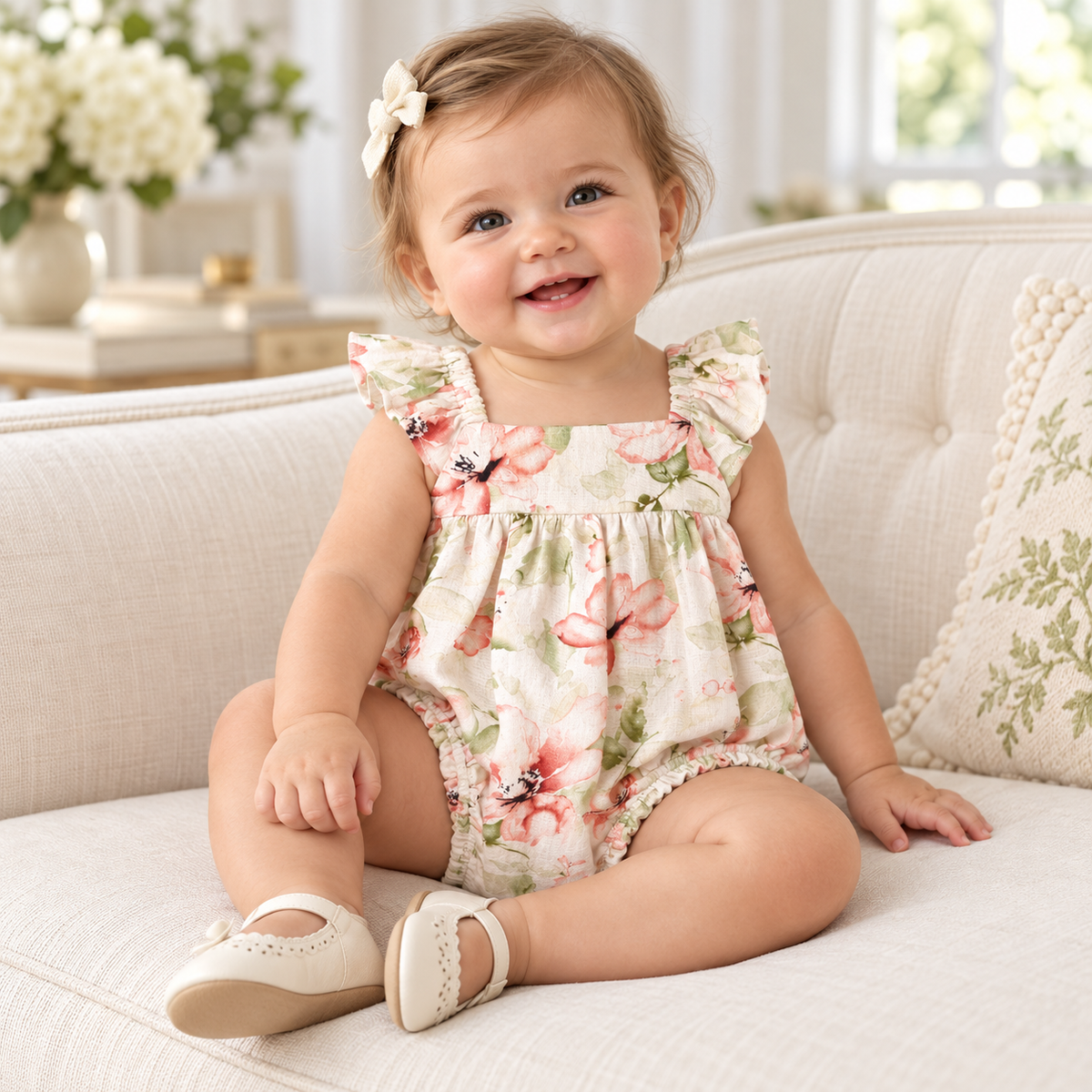 Blush Bouquet Baby Girl Floral Cotton Linen Sunsuit